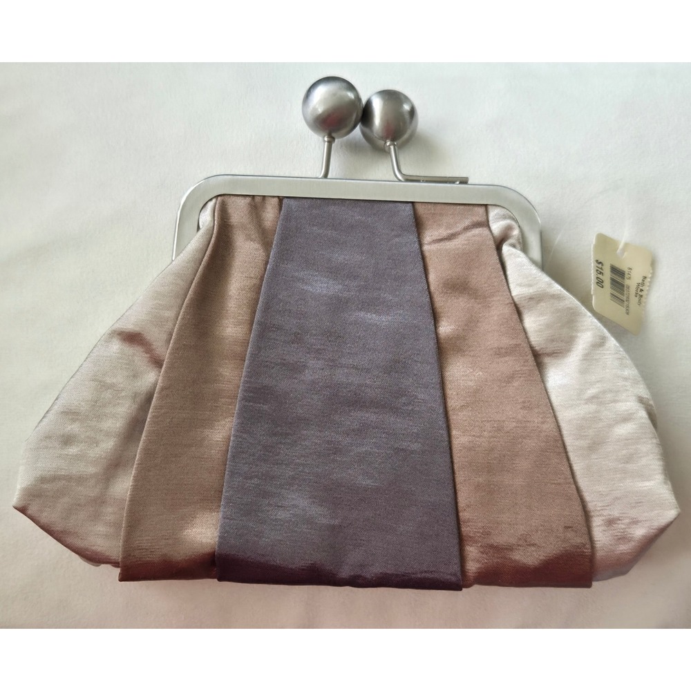 Bath & Body Works Satin Colorblock Metallic Brown/Tan/Gold Kiss Lock Clutch Bag